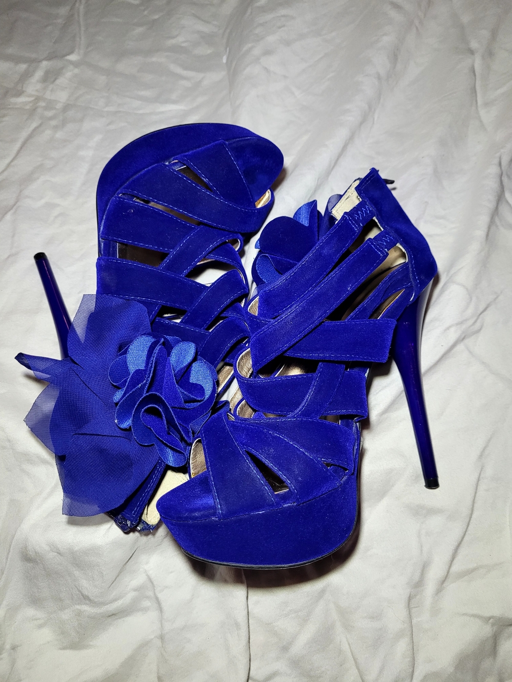 Qupid Cobalt Blue Strappy Platform Heels with Floral Accent